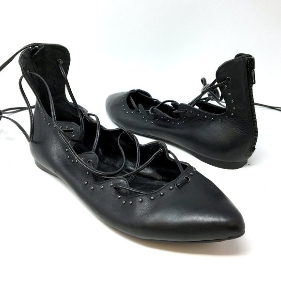 Gianni Bini Shoes - Gianni Bini Black Leather Studded Lace Up Flats 8M